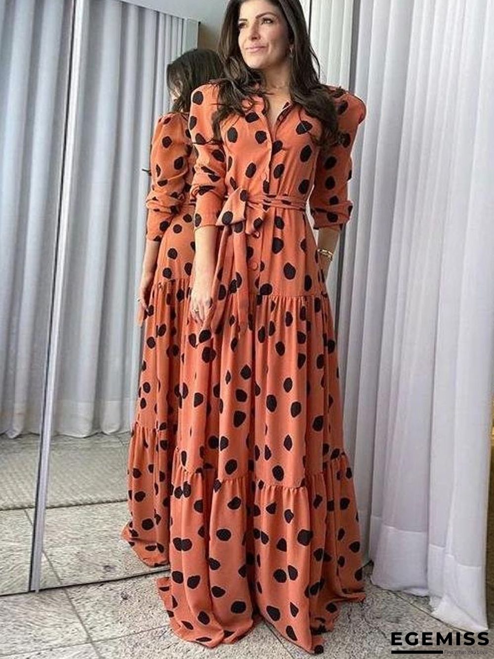 Elegant V-Neck 3/4 Sleeve Polka Dot Printed Slim Fit Maxi Dress | EGEMISS