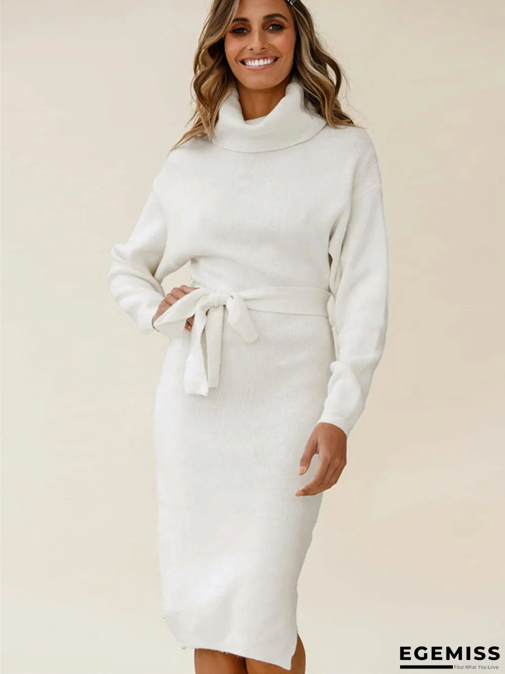 Solid color long sleeved knit turtleneck dress | EGEMISS