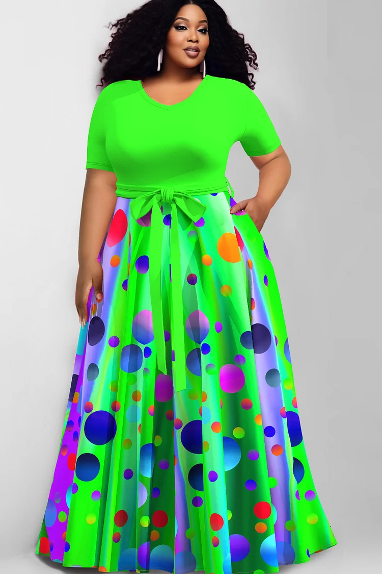 Xpluswear Design Plus Size Casual Purple Dots Print Round Neck Short Pocket Wrap Maxi Dress 