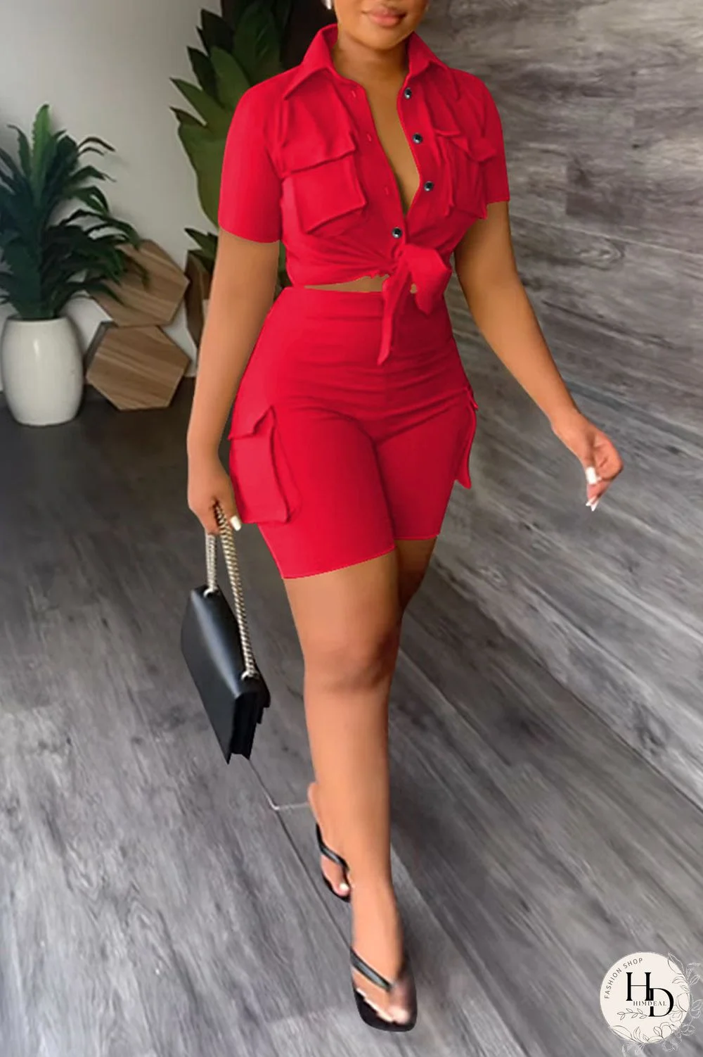 Khaki Casual Solid Bandage Patchwork Pocket Buckle Turndown Collar Short Sleeve Two Pieces