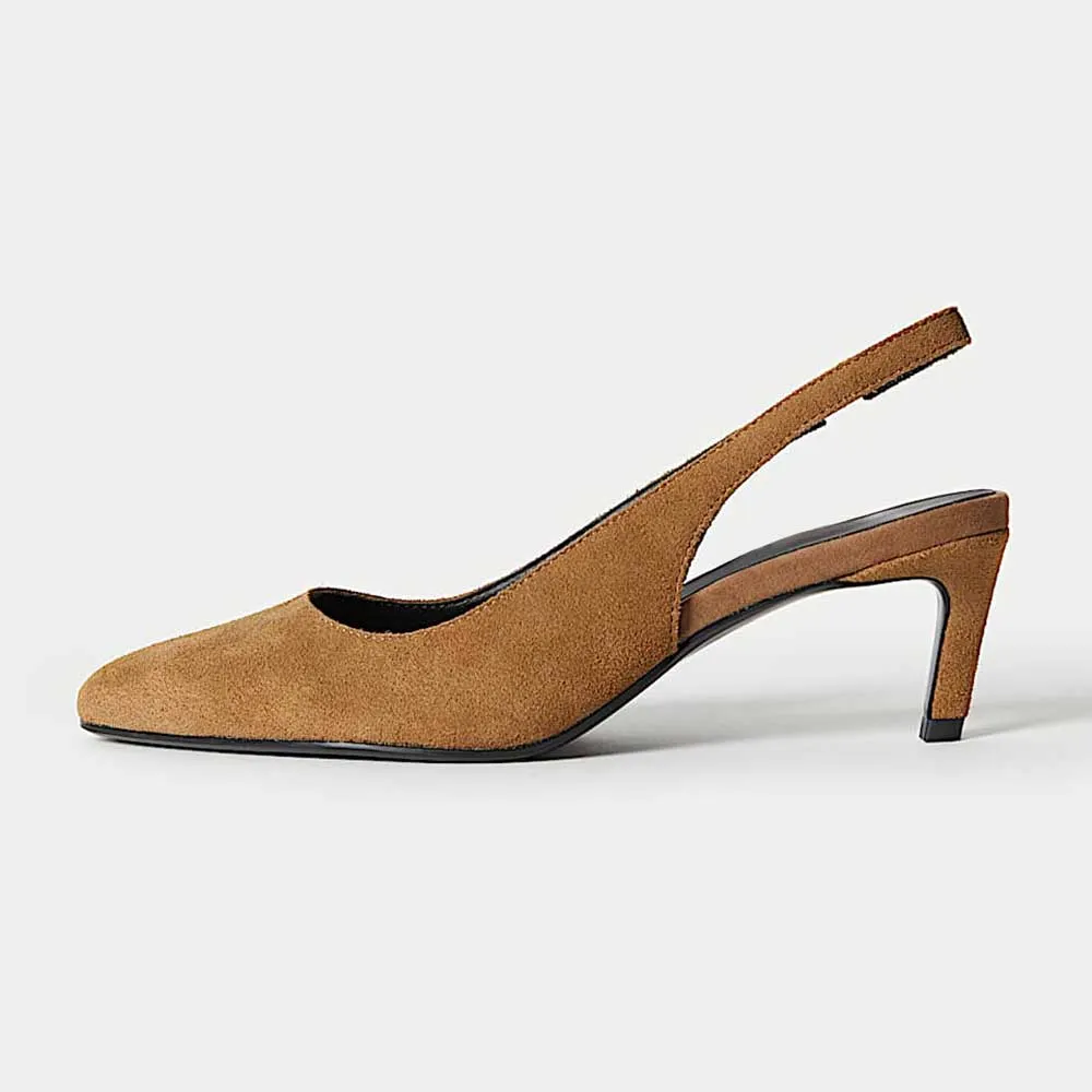 Brown Vegan Suede Slingback Pumps Shoes Pointed Toe Kitten Heels