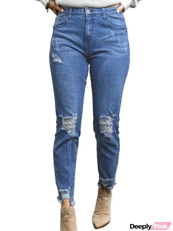 Women'S High Waist Ripped Denim Nine-Point Jeans With Raw Edge