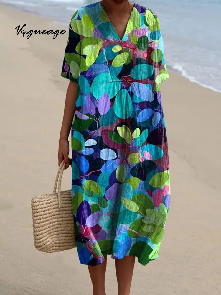 Colorful Plant Leaves Printed Women's Casual Cotton And Linen Dress