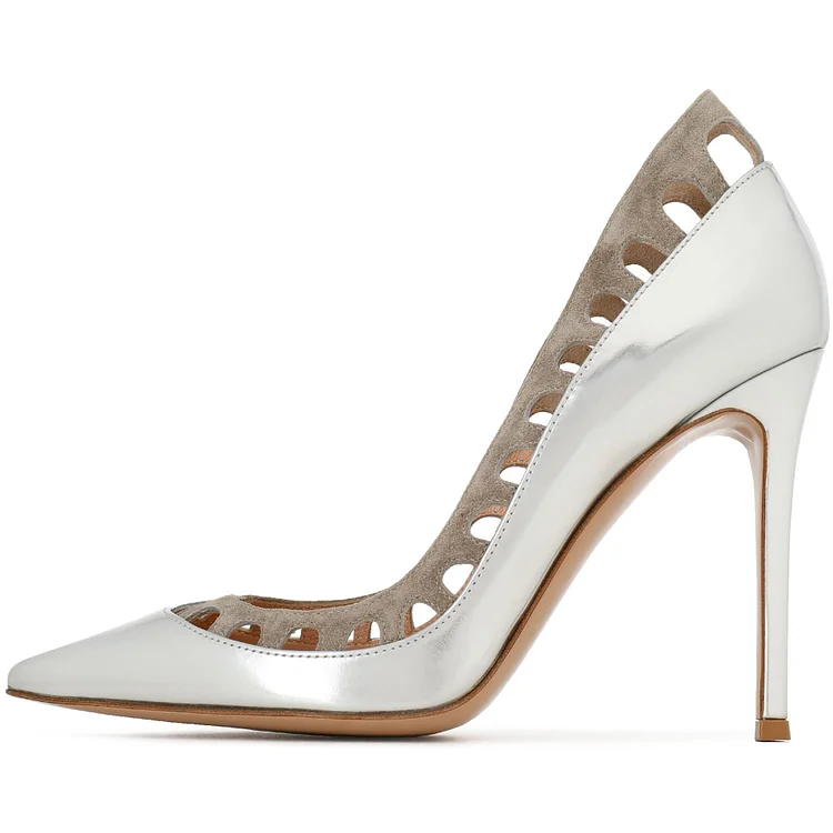 Silver Metallic Heels Pointed Toe Cutout Pumps Shoes |FSJ Shoes
