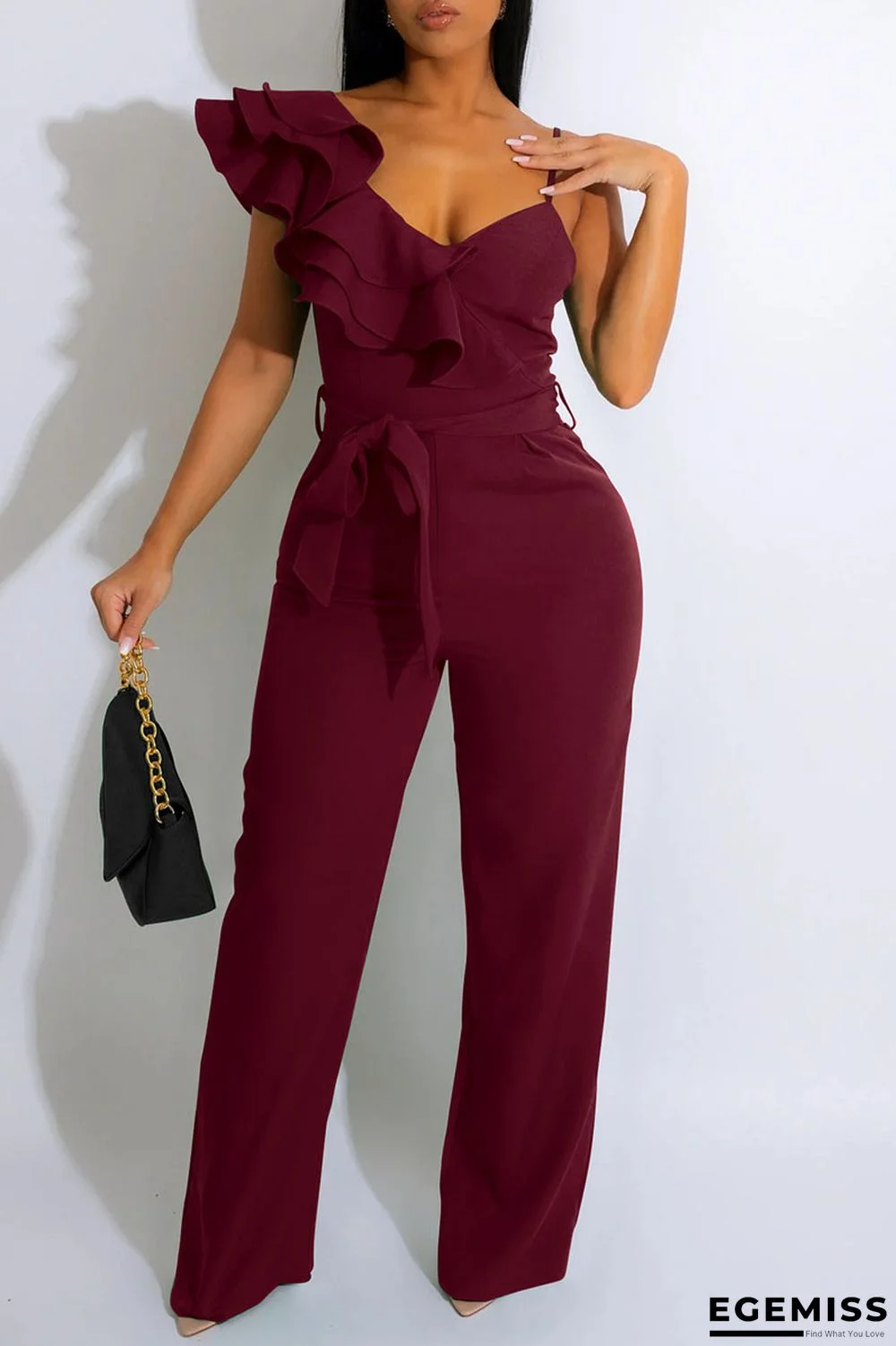 Burgundy Sexy Solid Patchwork Flounce Spaghetti Strap Straight Jumpsuits | EGEMISS