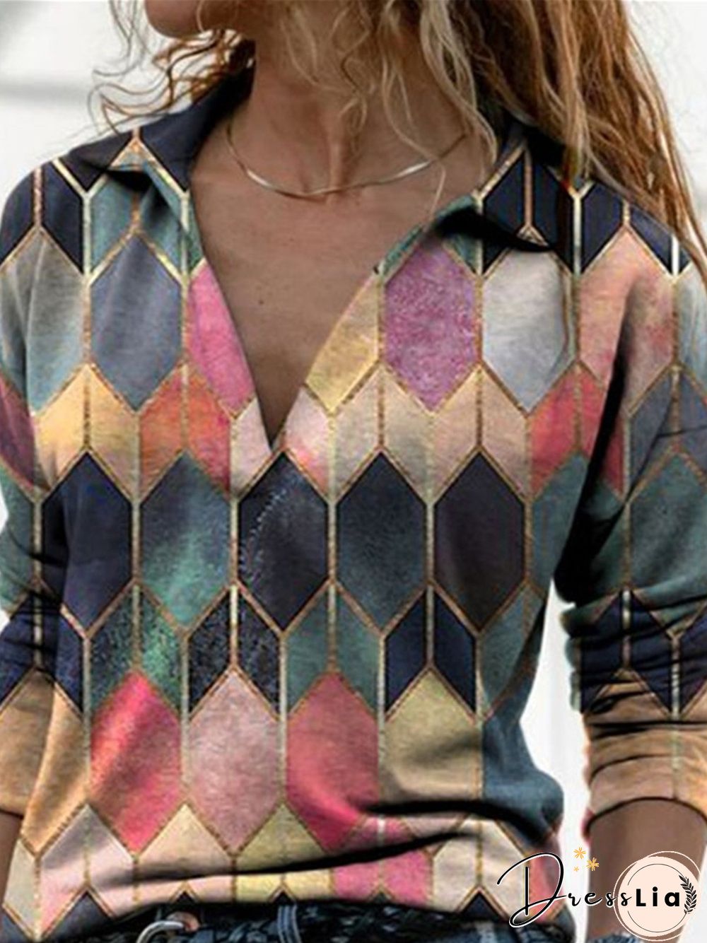 Color-Block Long Sleeve Shirt Collar Abstract Blouse