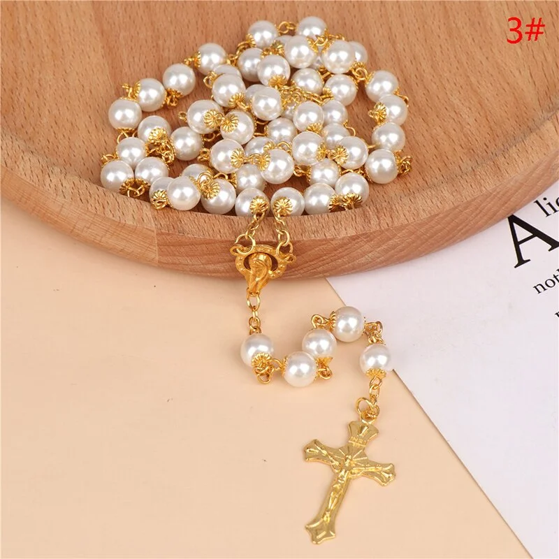 Catholic Pearl Long Chain Cross Necklace Rosary Cross Jesus Religious Jewelry