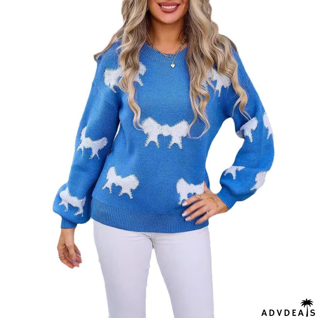 Women's Round-Collar Long-Sleeve Knitwear with Bow