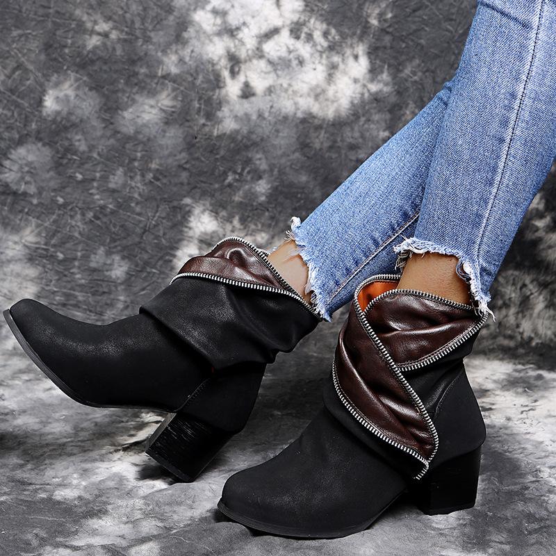 Women retro flower cuff chunky block heel booties | Ethnic fall/winter ankle boots