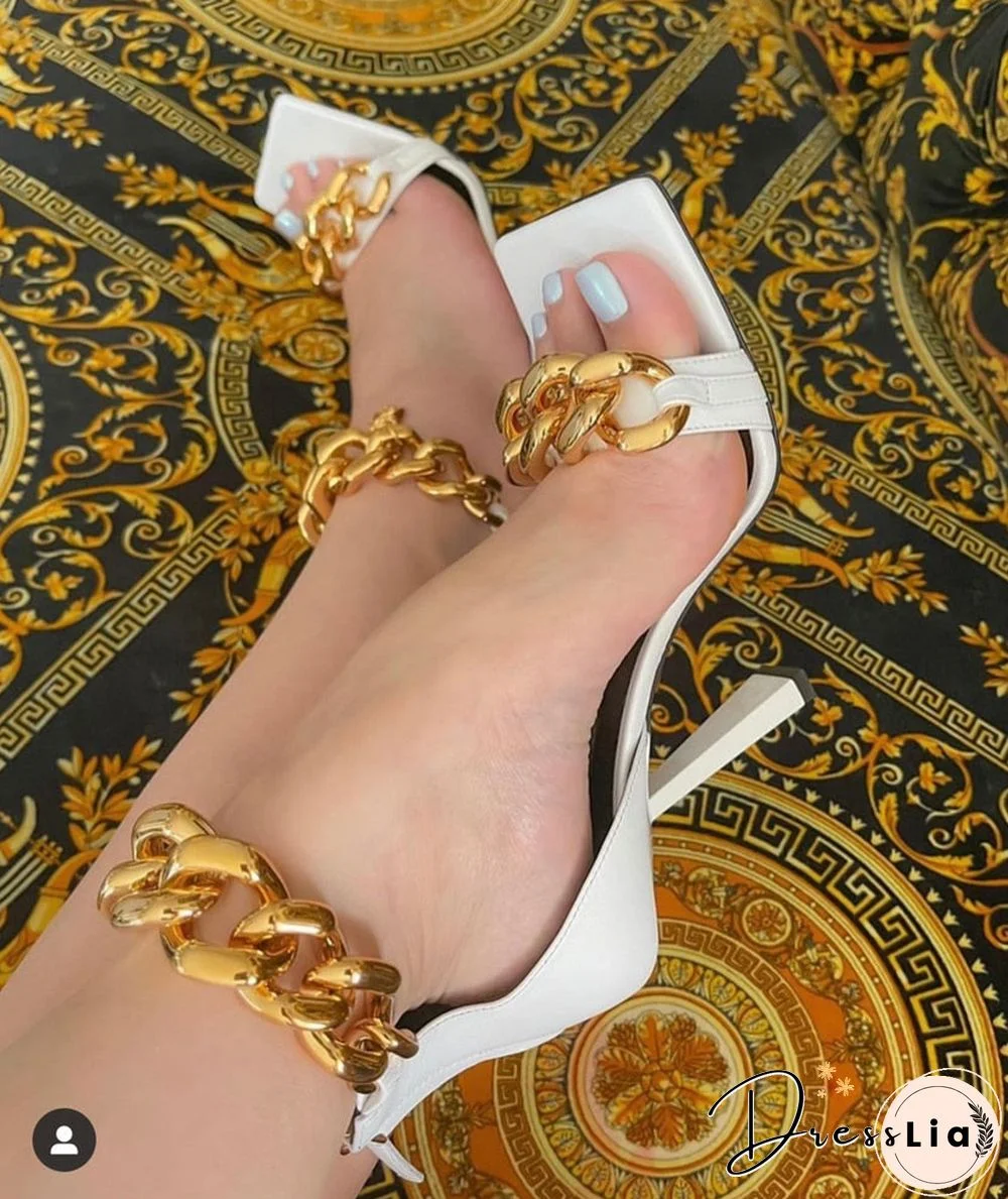 Black Square Toe Sandals Women Unique Thin High Heels Back Zip Open Toes Metal Chains Decor Runway Sandalias Big Plus Szie 43