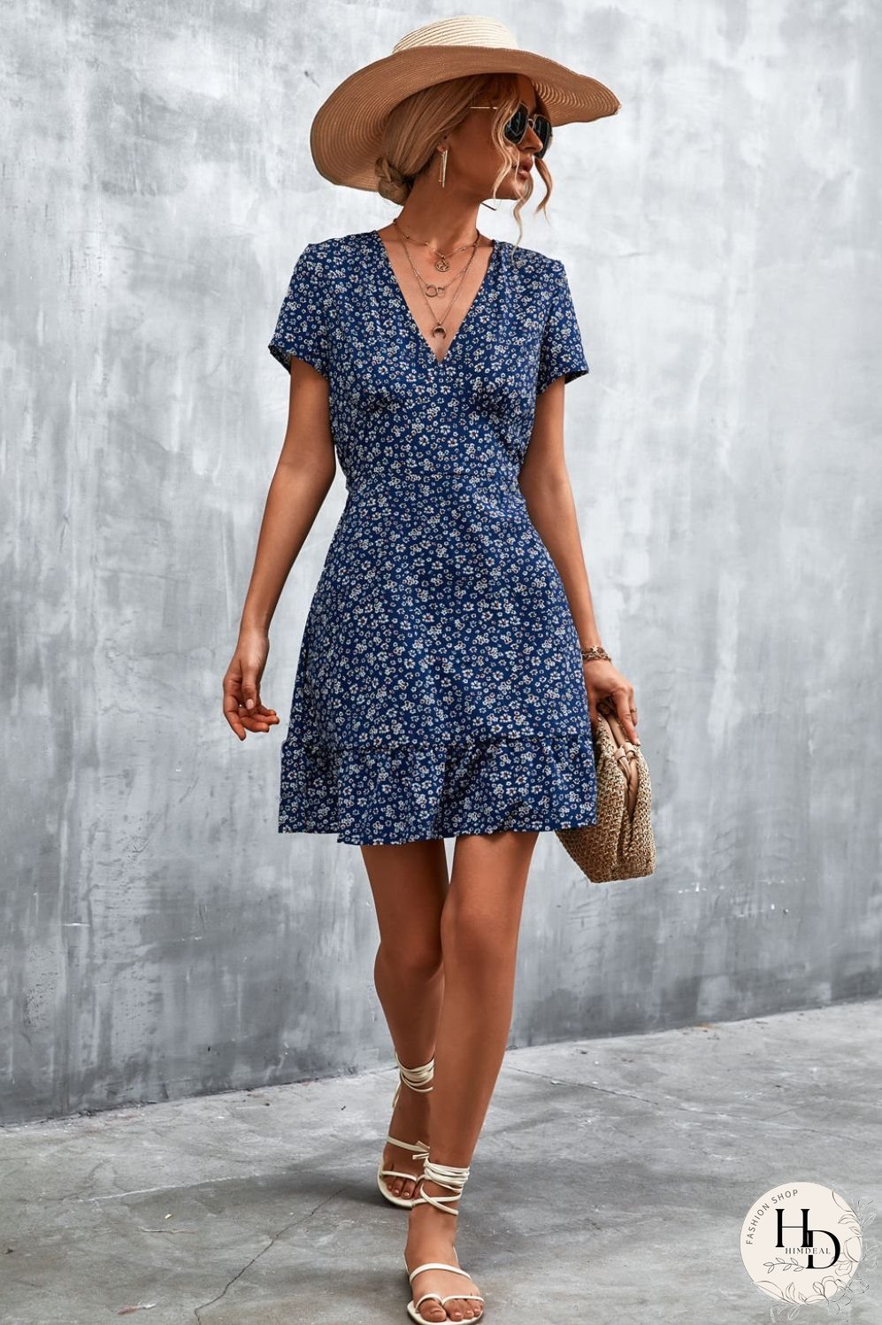 Ditsy Floral V-Neck Short Sleeve Dress