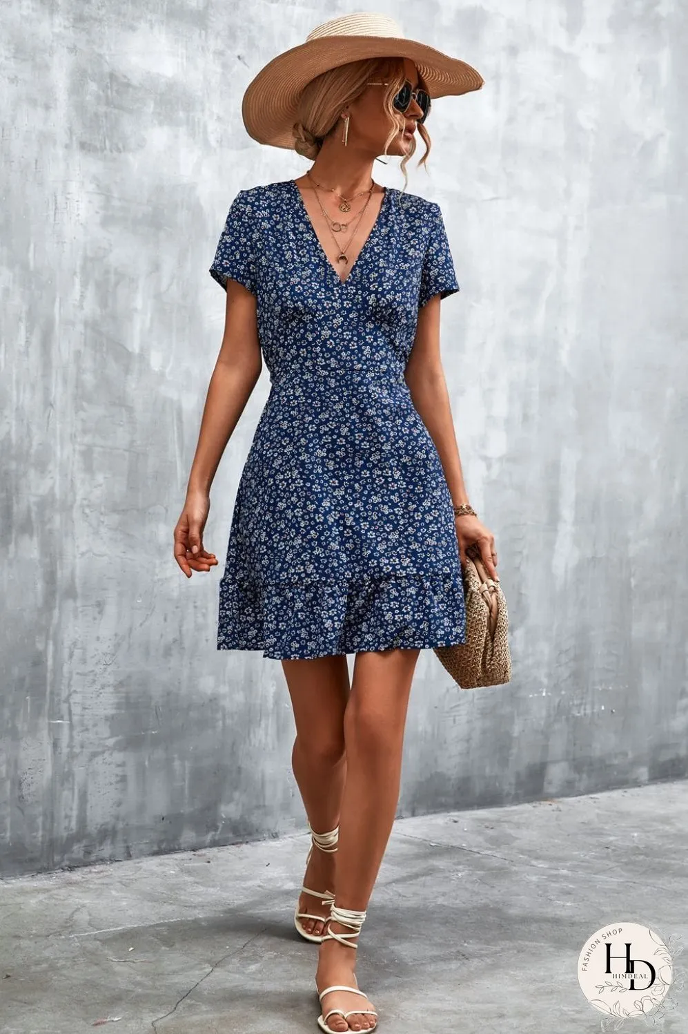 Ditsy Floral V-Neck Short Sleeve Dress