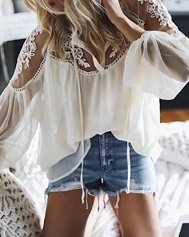 Women's Blouse Shirt Solid Colored Plain Long Sleeve Mesh Lace V Neck Tops Loose Basic Top White Black-0203815