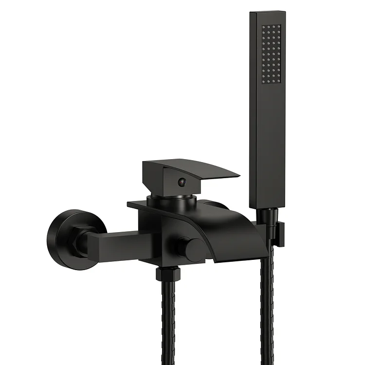 EVERSTEIN Wall Mount Waterfall Bathtub Faucet with Hand Shower Matte Black SFS-1124-BK