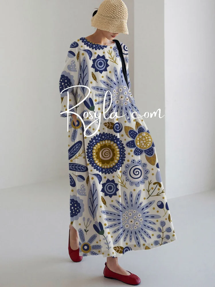 Women's Casual Colorful Print Long Sleeve Midi Dress