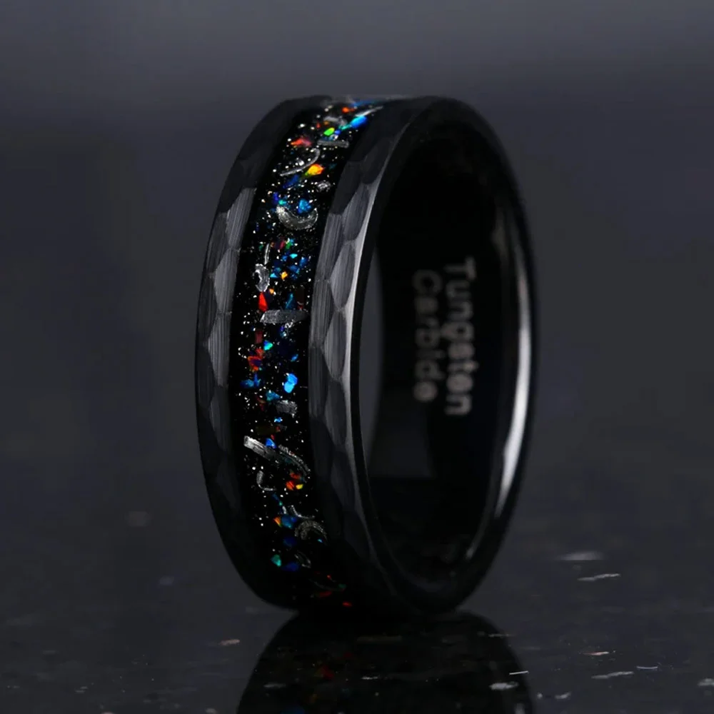 8MM Tungsten Carbide Rings Hammered Black Colored Oskarn Gems Mens Womens Wedding Bands Comfort Fit