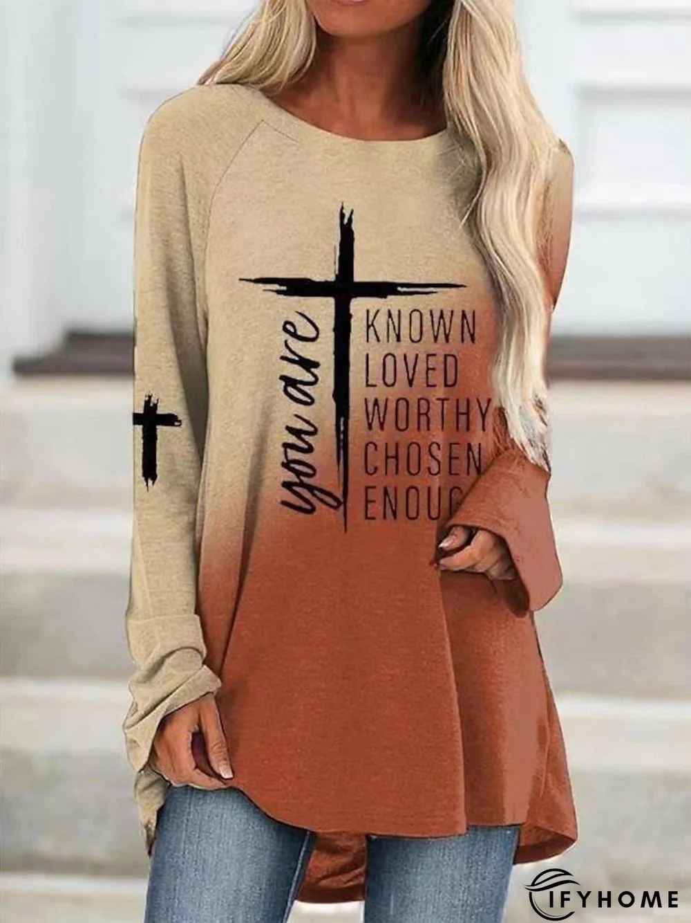 Crew Neck Loose Ombre Faith Casual Top | IFYHOME