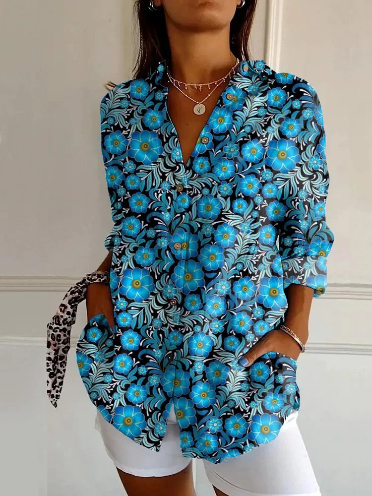 Retro Resort Floral Print Casual Long Sleeve Shirt