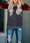 Women's base shirt Plaid sleeve printed stitching sequin pocket round neck long sleeve T-shirt for women