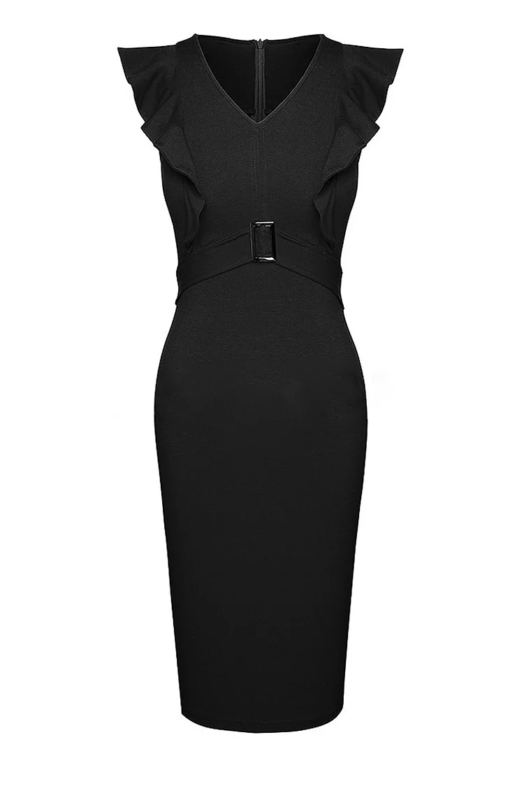 1950s Black Formal Patchwork Ruffle V Neck Midi Dress