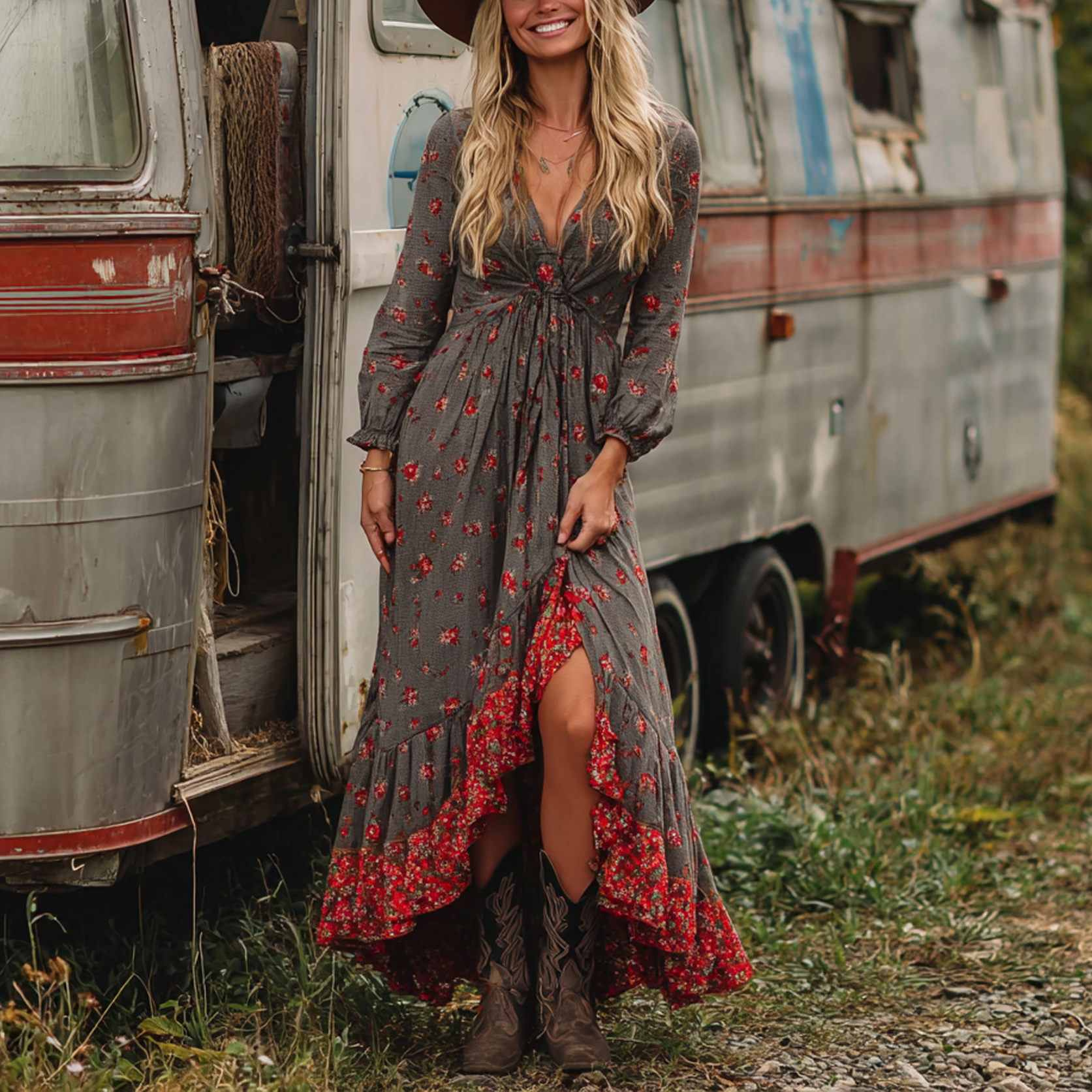 Women's Vintage Boho Floral Maxi Dress With Side Slit