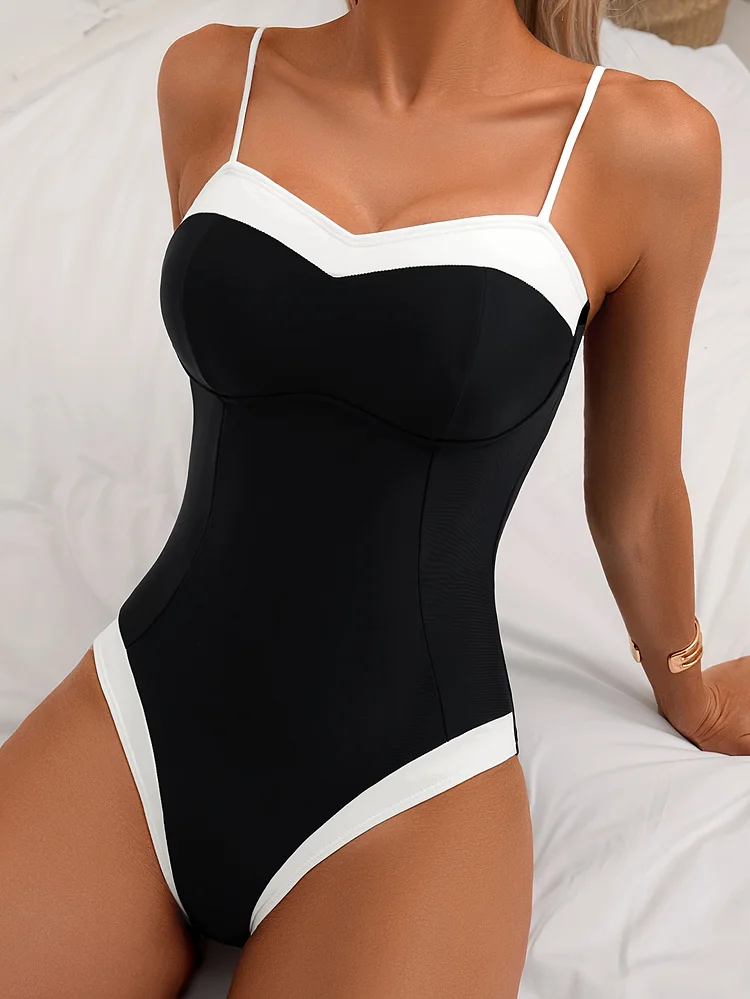Ufjufj Women's One-Piece Swimsuit - Black & White Contrast Color Block, Thin Straps Backless Design, High Elasticity Fit, Casual Chic For Beach Poolside, Summer Swimwear, Poolside Attire, Highelasticity Fabric, Comfortable Fit, Water Activities
