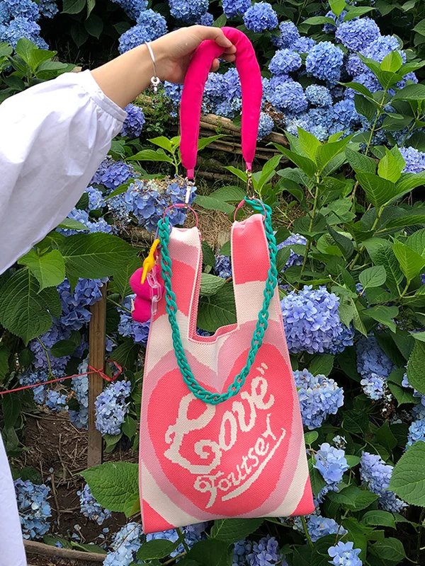 Chains Contrast Color Heart Print Woven Bags Handbags
