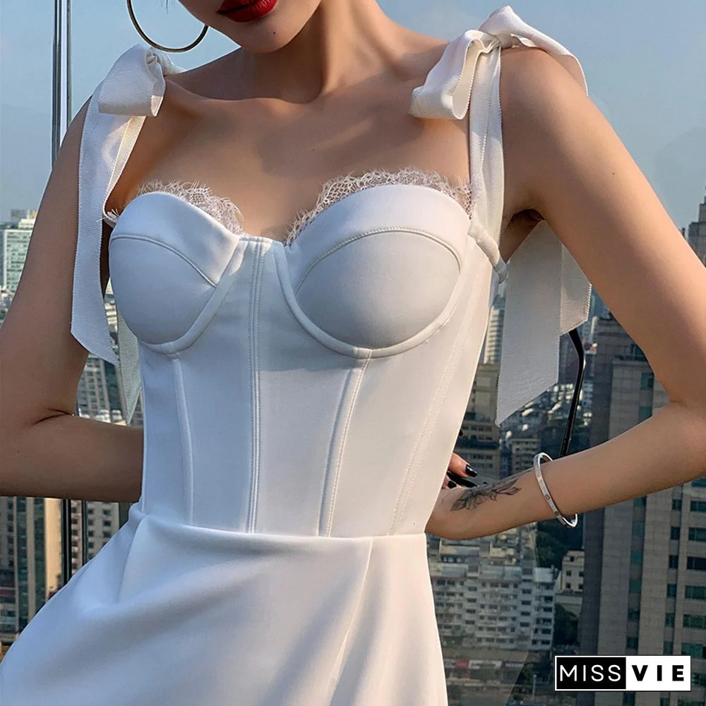 Women New Elegant Summer Sleeveless White Bodycon Dress Sexy Spaghetti Strap Midi Dress Office Lady Celebrity Party Clothes