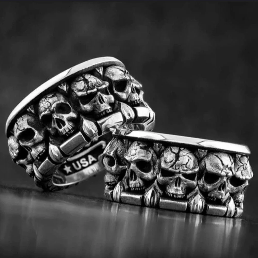 Cifeeo Vintage Men's Punk Hip Hop Gun Black Heavy Metal Ring Skull Bone Pattern Male Party Club Personality Finger Jewelry