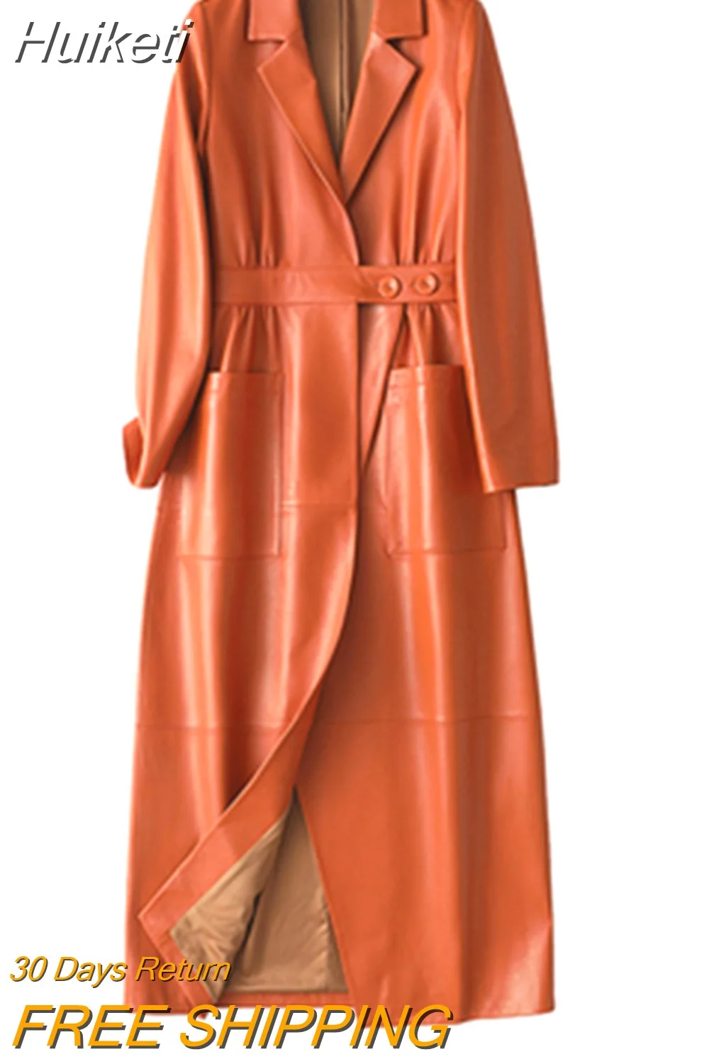 Huiketi Spring Autumn Long Orange Soft Faux Leather Coat Women Pockets Elegant Stylish Luxury Designer Clothes New Arrival 2023