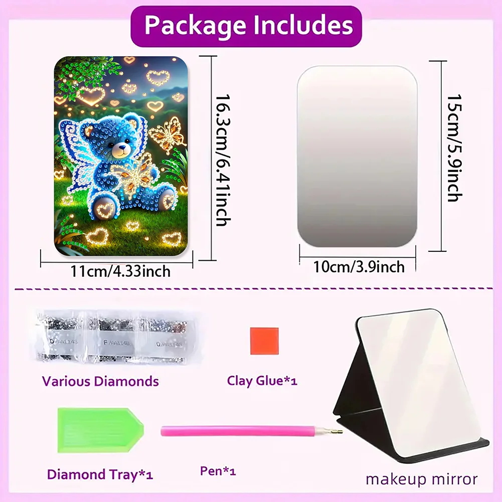 DIY Diamond Art Shiny Crystal Mirror Lightweight Standing Makeup Mirror (Bear)