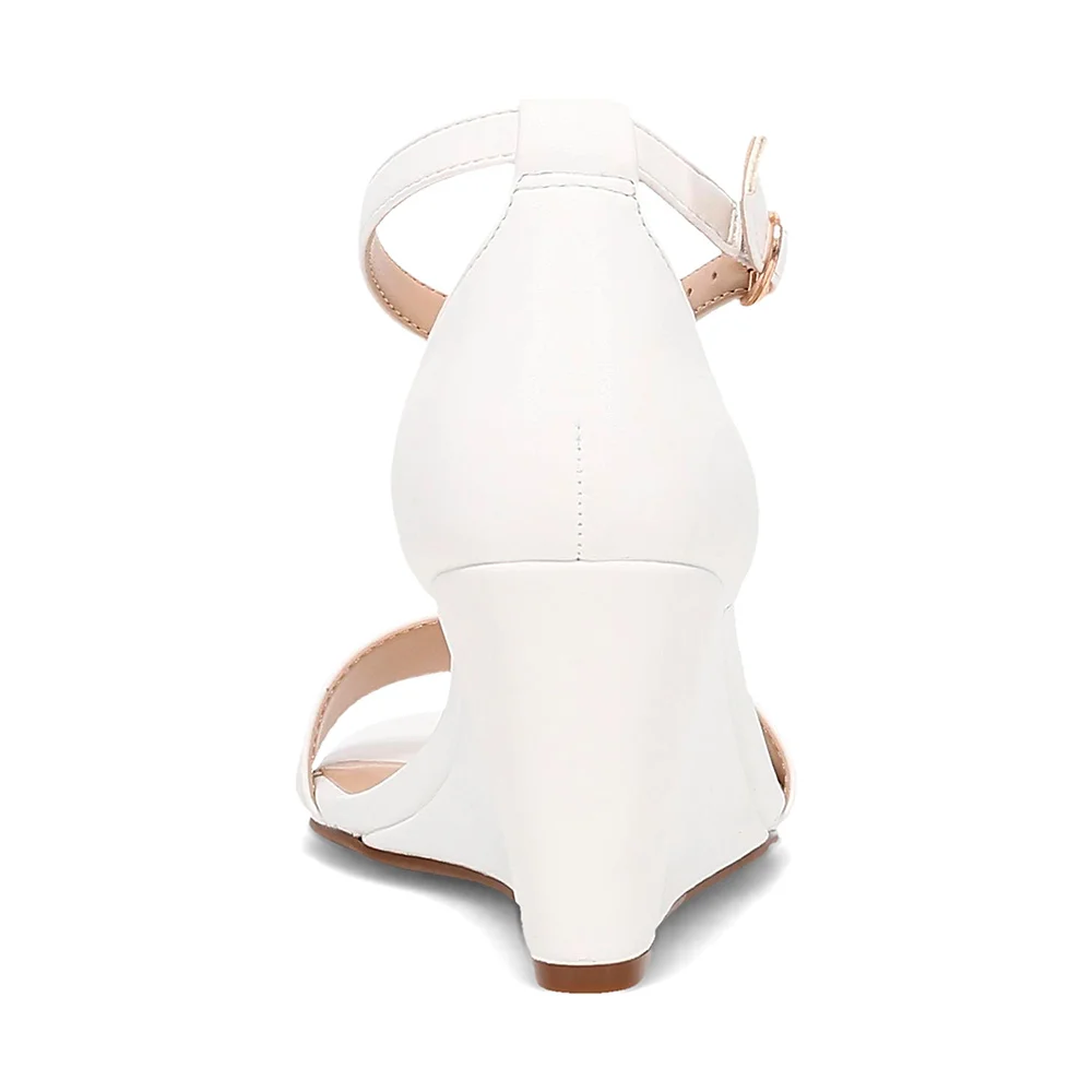 White Faux Leather Round Toe Buckle Ankle Strap Wedge Sandals