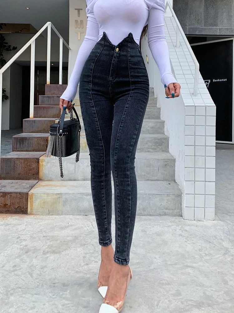 2020 new irregular high waist jeans women's tights, hip lifting and leggings fashionable high street dark grey sexy