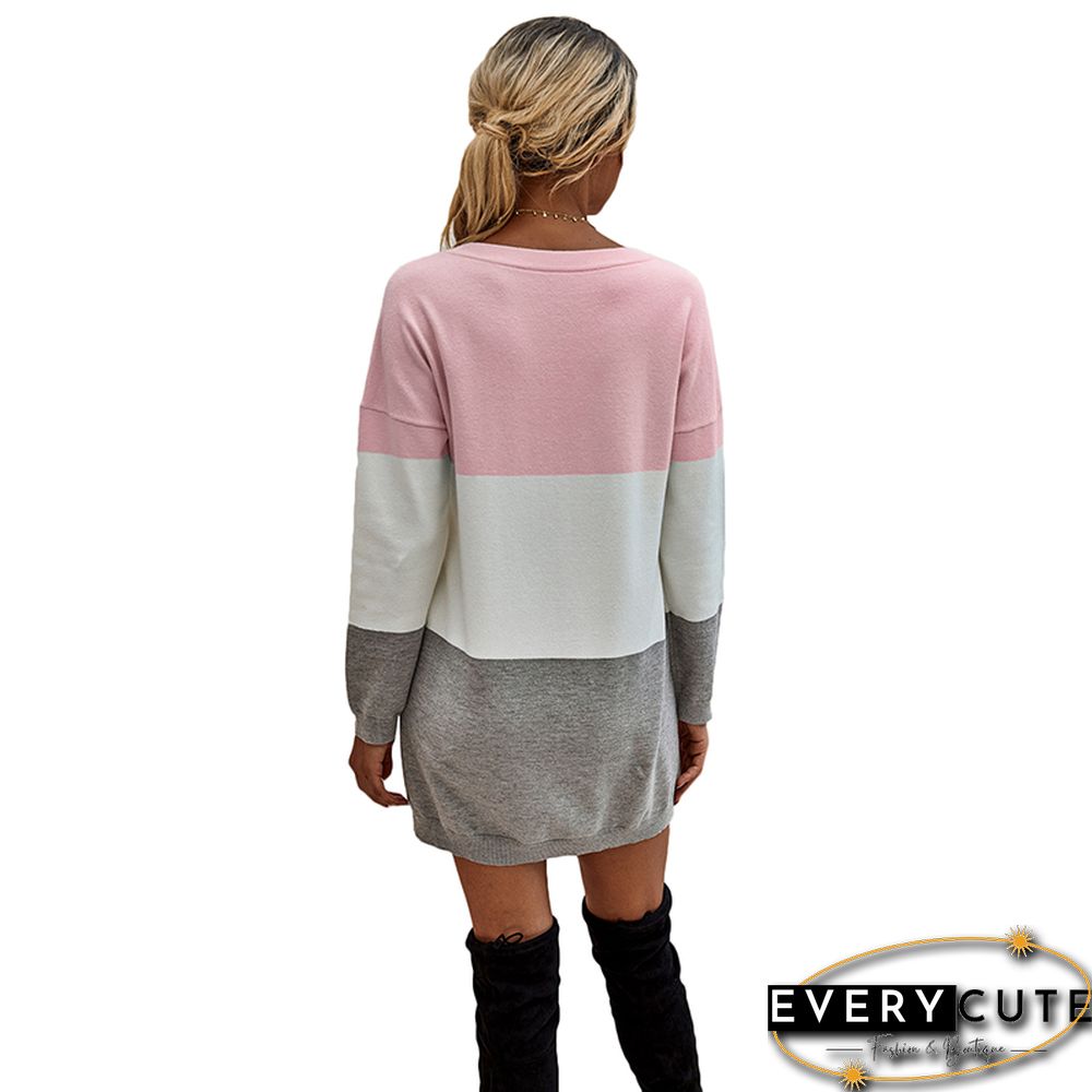 Pink Colorblock Long Sleeve Sweater Dress