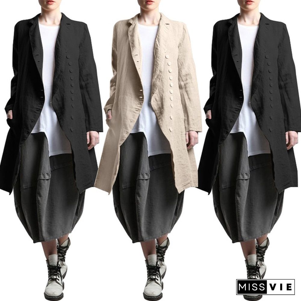 ZANZEA Damen Long Arm Kragen Cardigan Jacken Vintage Langer Pocket Strand Mantel Coat Cardigan Coat