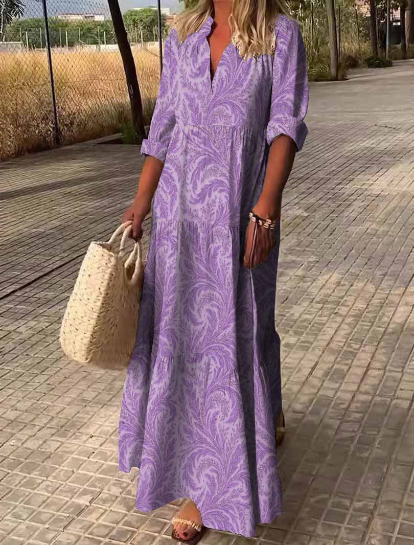 Women Texture, Purple DZDN0394 SPU Printed Long Sleeve V-neck Maxi Dress