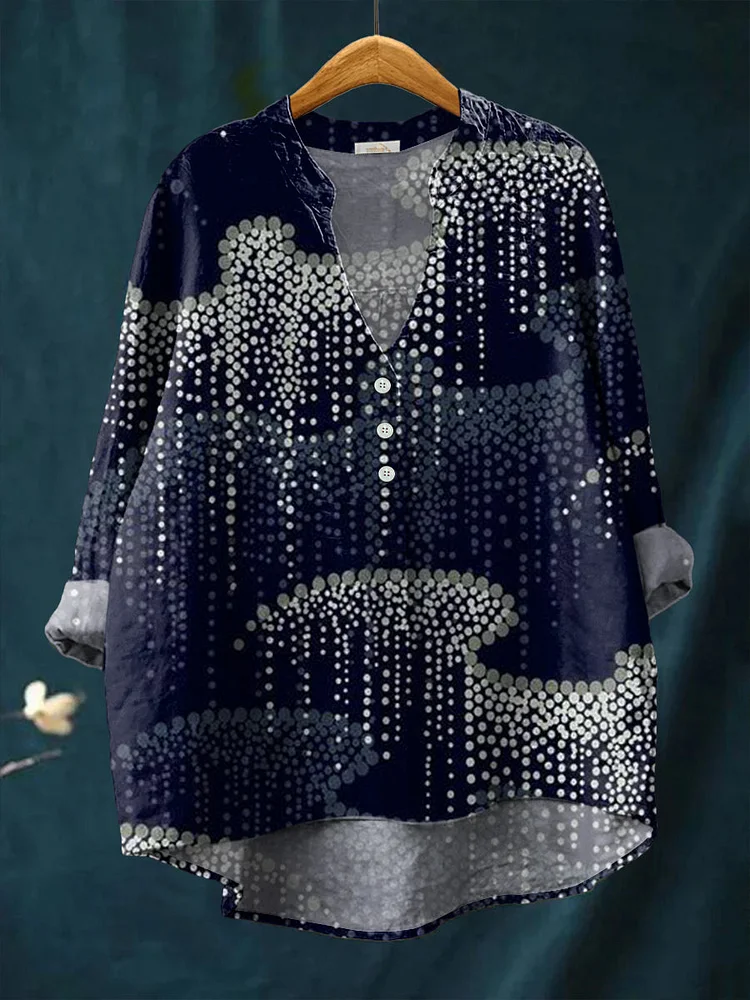 Women's Vintage Abstract Polka Dot Totem Art Print Casual Cotton And Linen Ruffle Shirt