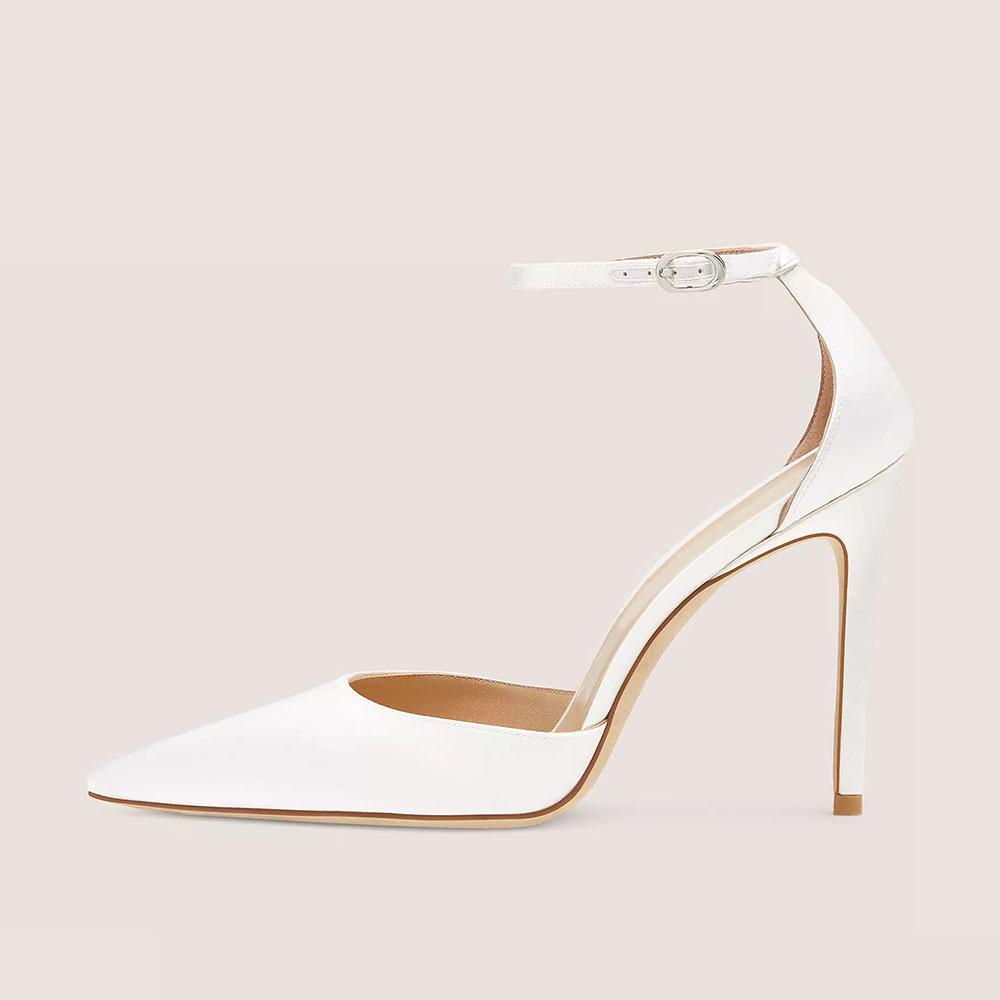 Classy Pointed Toe Satin Ankle Strap Stiletto Heel White Pumps