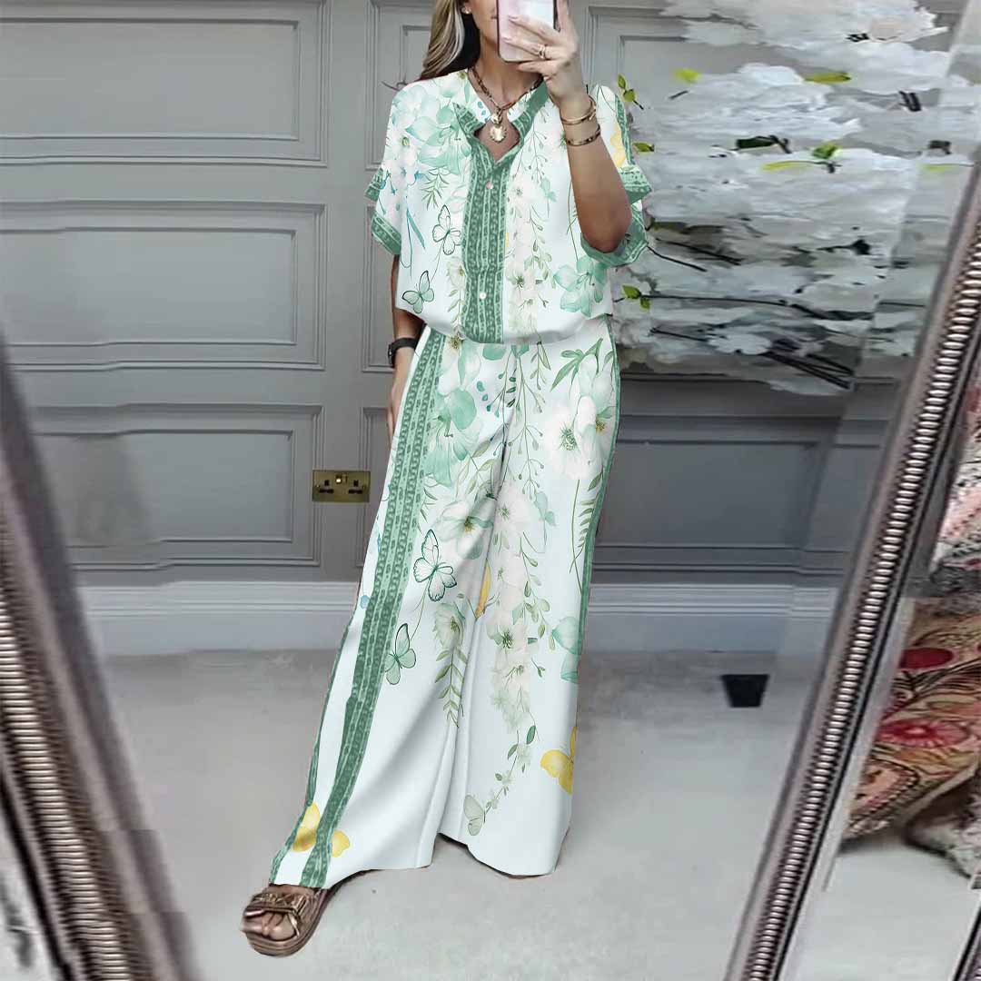 Women Floral, Green, Yellow DZDL1147 V-neck Short Sleeve Blouse and Pants Set