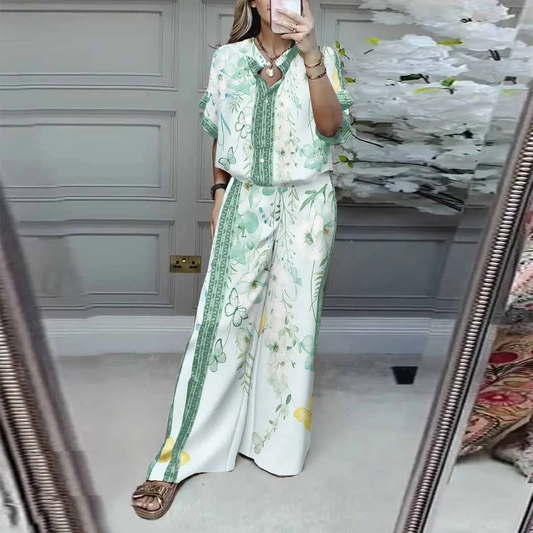 Women Floral, Green, Yellow DZDL1147 V-neck Short Sleeve Blouse and Pants Set