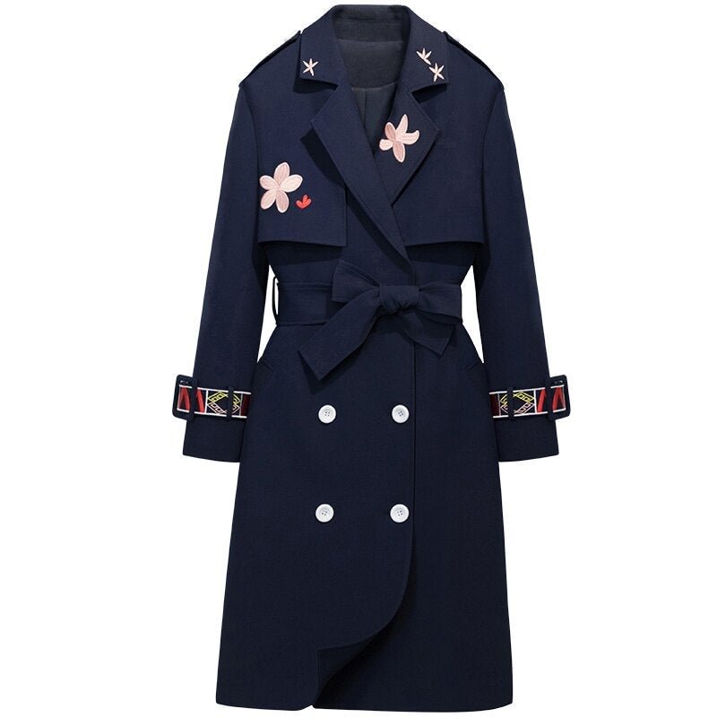 Spring 2020 new embroidered windbreaker Korean version slim long sleeve double breasted over the knee mid long coat autumn