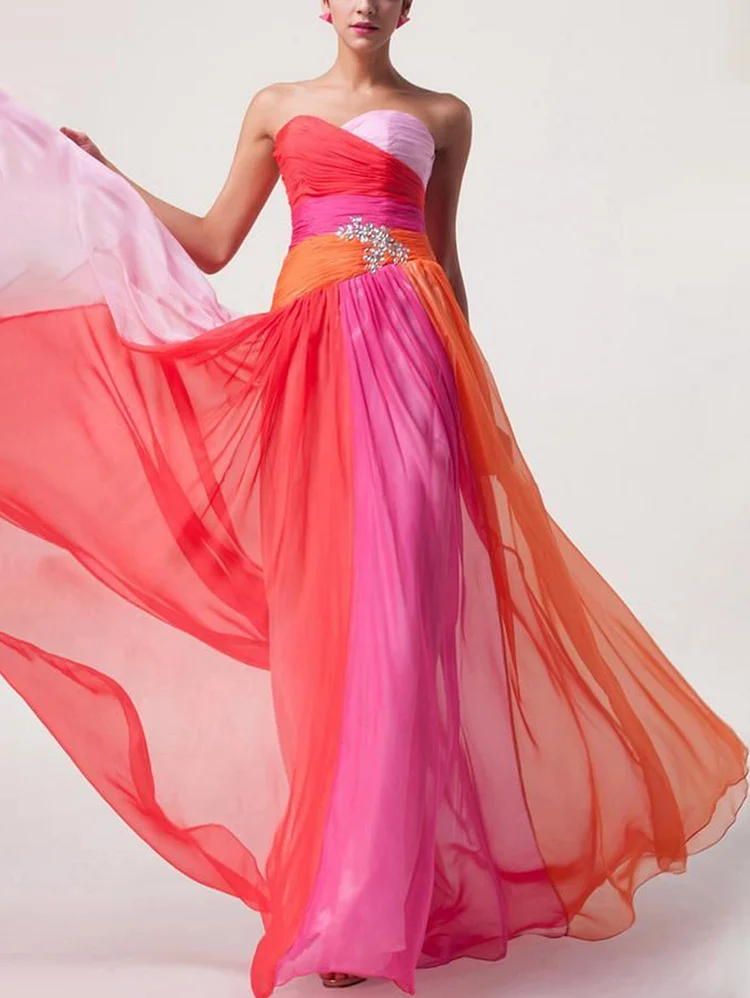 Formal Strapless Colorblock Back Lace Up Maxi Dress