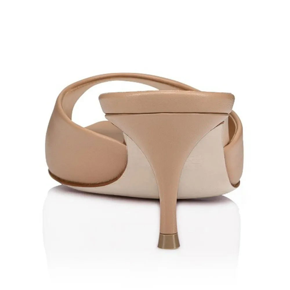 Fashion Peep Toe Kitten Heel Slip On Mules for Women in Nude