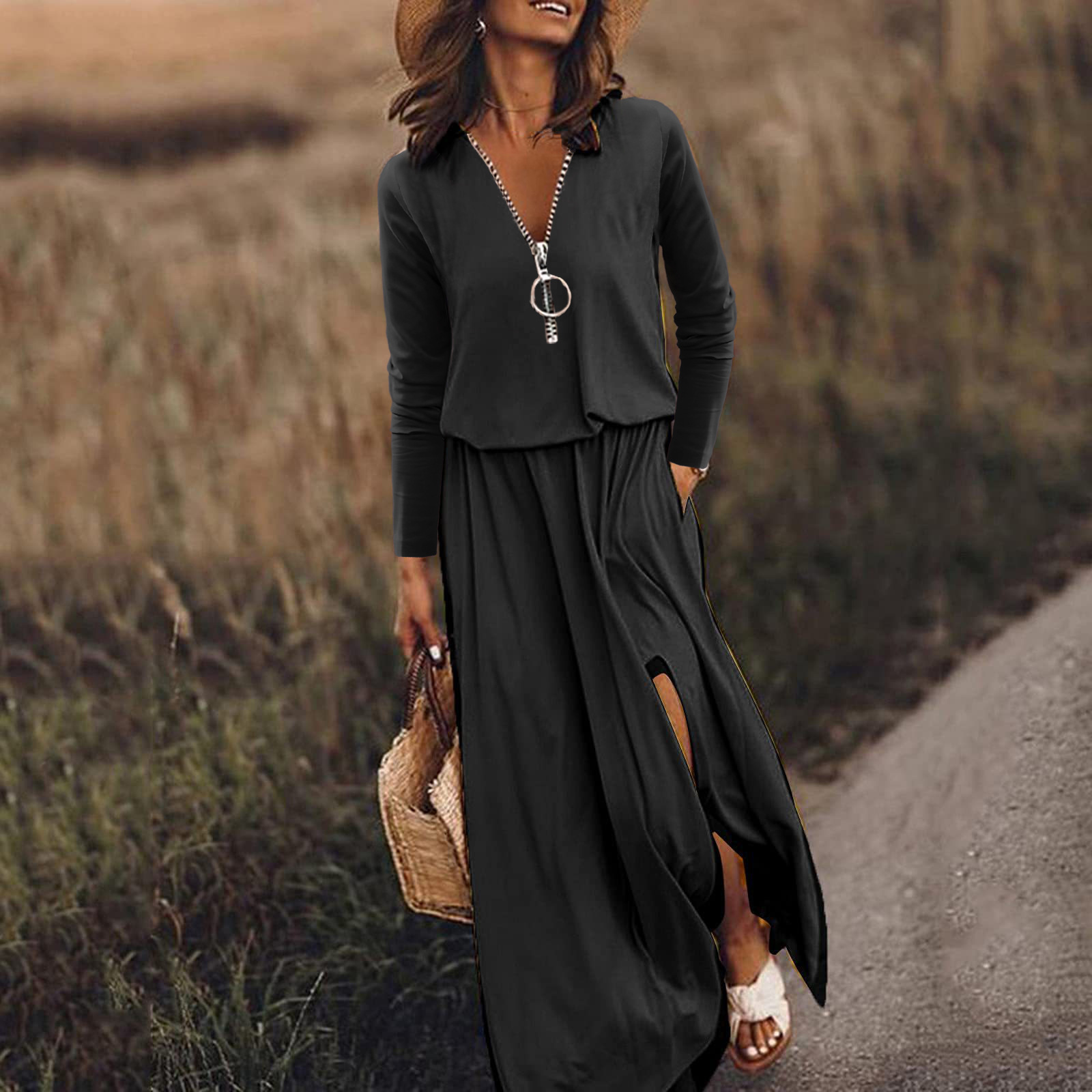 Long Sleeve Zip-up Beach Tunic Dress