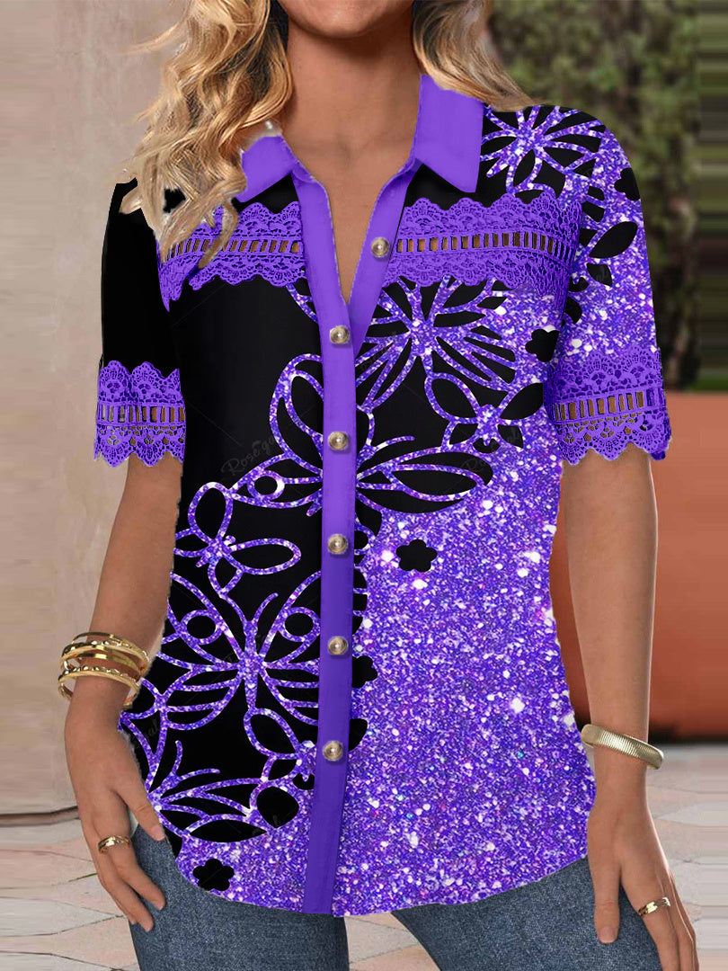 Women's Short Sleeve V-neck Lace Stitching Hollow Graphic Top