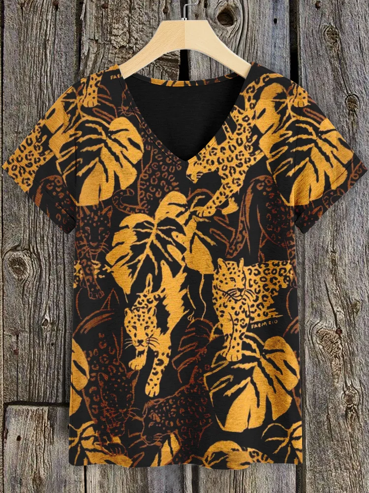 Women's Leopard Tropical Plants Leaves Hawaii Print Casual T-Shirt