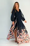 Floral Wrap-over Dress FLORENCE - Long Wedding Guest Dress - Blue Dress For Womne - Chiffon Bridesmaid Dress