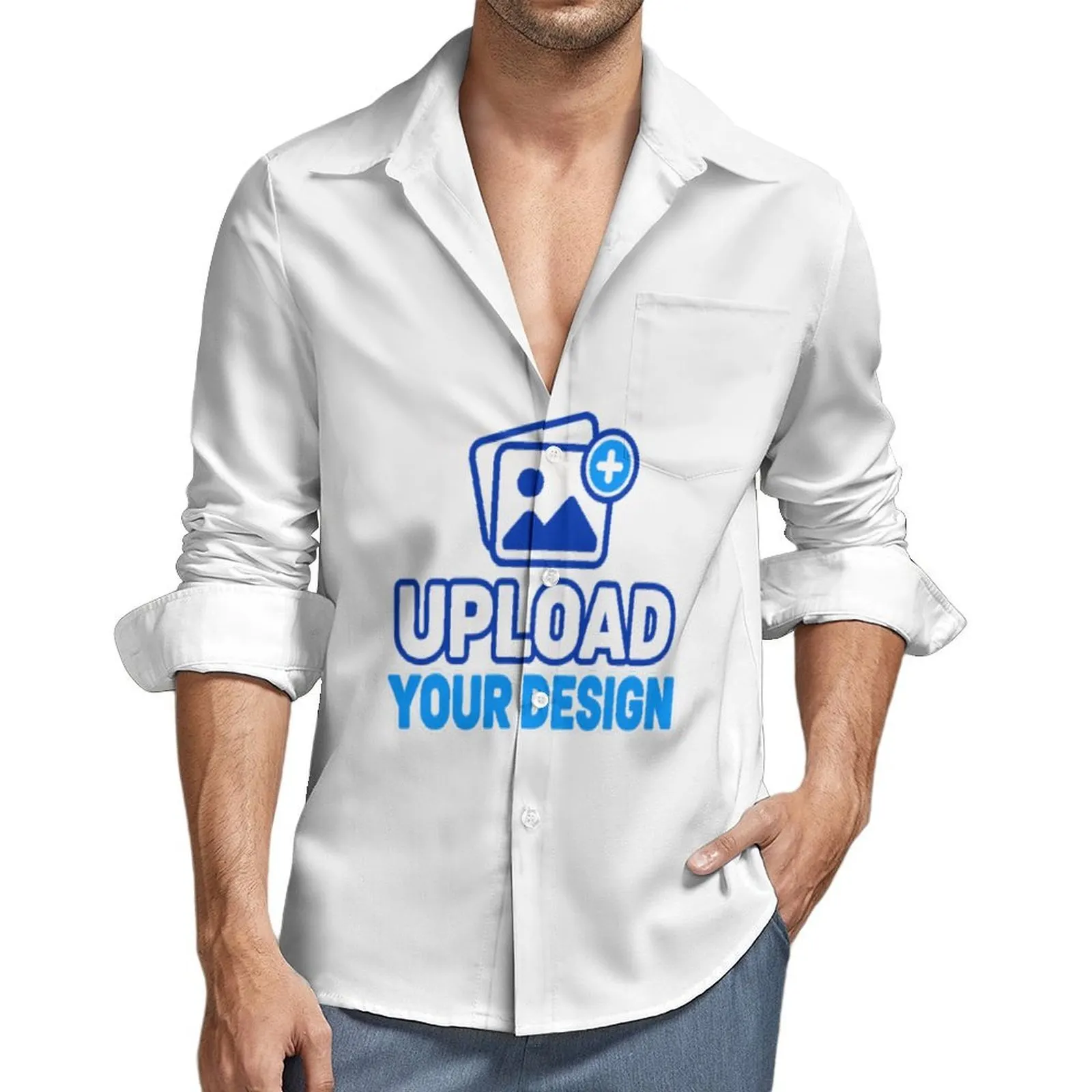 Model wearing a white open-collar button-front shirt with blue all-over print placeholder