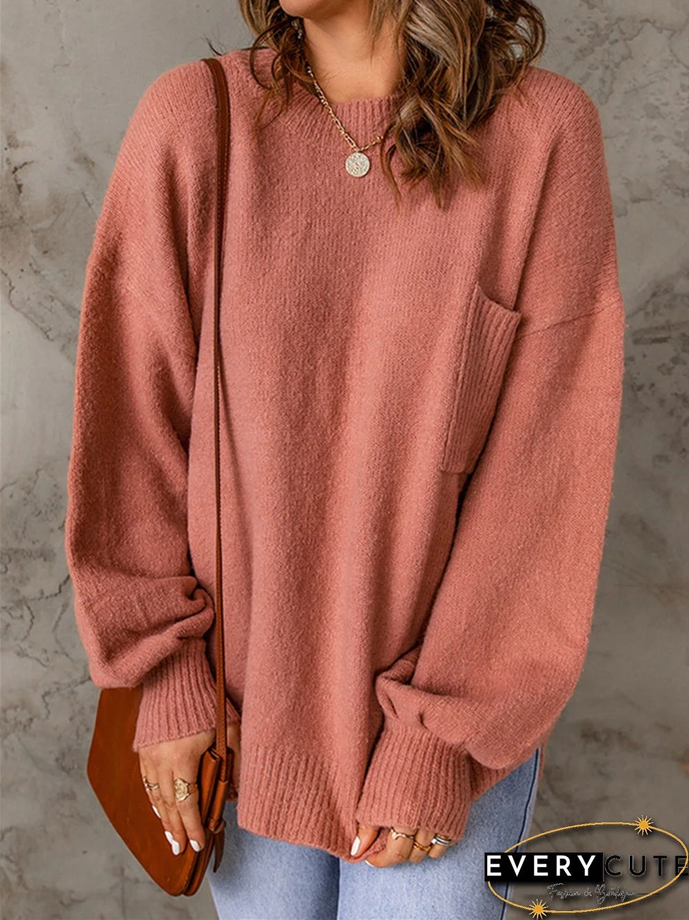 Solid Color Casual Long Sleeve Sweater with Pockets