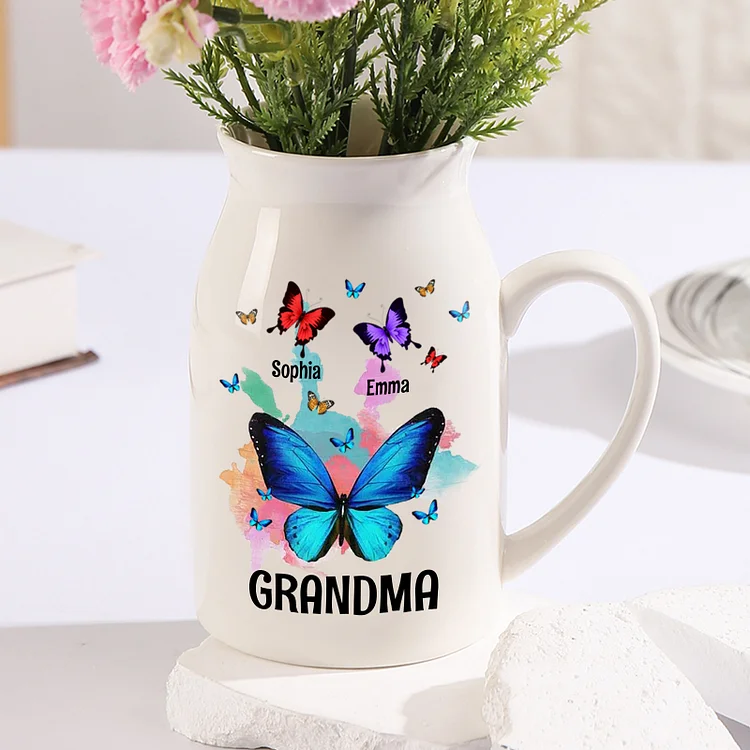Personalized Ceramic Flower Vase Custom 2–8 Names & 1 Text Colorful Butterfly Vase Gift for Mother/Grandma